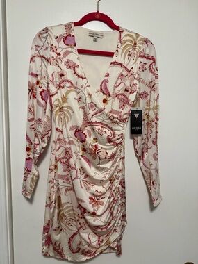 GUESS Pink & Cream Floral Wrap-Style Ruched Mini Dress NWT SZ XS